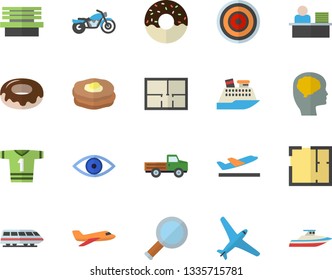 Color flat icon set house layout flat vector, induction cooker, donut, pancakes, pickup truck, bench, eye, office worker, magnifier, brain fector, sport T shirt, aircraft, train, motorcycle, yacht