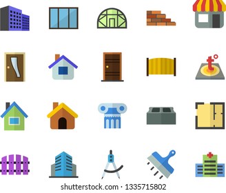 Color flat icon set house flat vector, brick wall, window, layout, Entrance door, putty knife, fence, warm floor, greenhouse, dividers, store front, office building, antique column fector, hospital