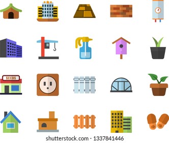 Color flat icon set house flat vector, brick wall, sockets, skyscraper, flooring, heating batteries, boiler, nesting box, home plant, pulverizer, grain warehouse, greenhouse, fireplace, crane, hotel