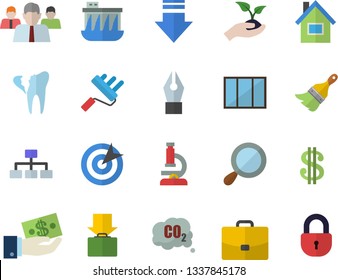 Color flat icon set house flat vector, window, paint brush, roller, seedlings, hydroelectric power station, carbon dioxide, case, dollar, investments, team, broken tooth, ink pen, target, microscope