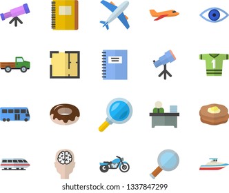 Color flat icon set house layout flat vector, donut, pancakes, pickup truck, magnifier, eye, office worker, notebook, telescope, brain fector, sport T shirt, aircraft, train, bus, motorcycle, yacht