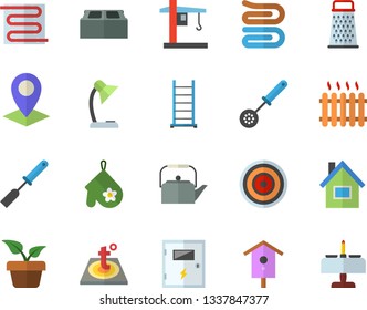 Color flat icon set house flat vector, ladder, switch box, brick, warm floor, teapot, potholder, kitchen spatula, spoon, towel, induction cooker, grater, nesting, home plant, crane, radiator