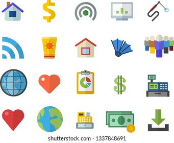 Color flat icon set house flat vector, welding, earth, graphic report, cash, dollar, team, machine, heart, computer chart, sun protection cream fector, flippers, broadcast, download