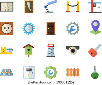 Color flat icon set house layout flat vector, Entrance door, sockets, switch box, repair, flooring, heating batteries, gas, food processor, grater, nesting, crane, location, reading lamp, key