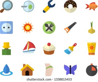 Color flat icon set house flat vector, saw, paint brush, sockets, fish, onion, cupcake, donut, butterflies, drop, wrench, sailboat, artificial insemination, buttocks, get luggage fector, sun