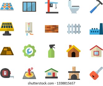 Color flat icon set house flat vector, brick wall, window, tape measure, toilet, repair, flooring, warm floor, hammer, boiler, pulverizer, fireplace, solar battery, manufactory, crane, radiator, key