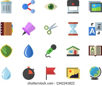 Color flat icon set house flat vector, security fector, share, gallery, scissors, translate, hourglass, stamp, drawing pin, trash can, microphone, eye, book, notebook, stopwatch, drop, globe