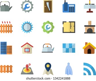 Color Flat Icon Set House Flat Vector, Layout, Entrance Door, Skyscraper, Tile, Repair, Warm Floor, Heating Batteries, Teapot, Towel, Gas, Fireplace, Radiator, Telephone, Romantic Dinner Fector