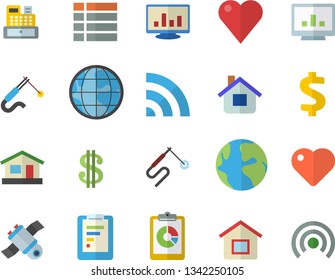 Color flat icon set house flat vector, welding, earth, graphic report, dollar, cash machine, heart, computer chart, satellit, menu, broadcast