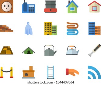 Color flat icon set house flat vector, brick wall, ladder, sockets, skyscraper, flooring, teapot, potholder, towel, double boiler, blender, fireplace, telephone, VIP area fector, tent, broadcast