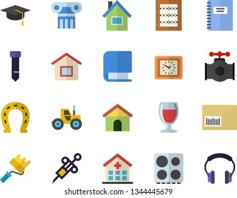 Color flat icon set house flat vector, paint roller, electric stove, wine, horseshoe, tractor, main pipeline, clock, barcode, syringe, hospital, abacus, tie, book, bachelor cap, notebook, headset