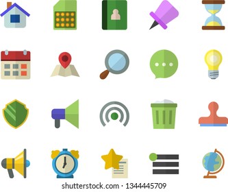 Color flat icon set house flat vector, SIM card, security fector, menu, broadcast, hourglass, calendar, stamp, drawing pin, mouthpiece, magnifier, trash can, chat, alarm clock, favorites, lamp