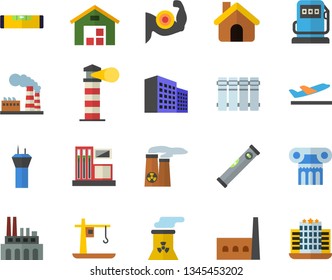 Color flat icon set house flat vector, level meter, heating batteries, gas station, refueling, factory, manufactory, plant, crane, lighthouse, warehouse, office building, nuclear power, muscles