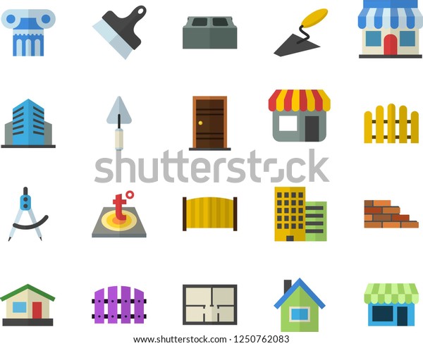 Color flat icon set house flat vector, brick wall,\
trowel, layout, Entrance door, skyscraper, putty knife, fence, warm\
floor, dividers, store front, office building, antique column\
fector, shop