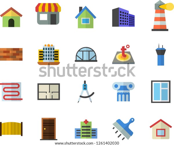 Color flat icon set house flat vector, brick wall,\
window, layout, Entrance door, putty knife, fence, warm floor,\
greenhouse, dividers, store front, lighthouse, office building,\
airport tower, hotel
