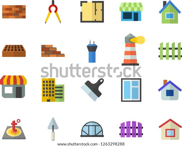 Color flat icon set house flat vector, brick wall,\
window, trowel, layout, skyscraper, putty knife, fence, warm floor,\
greenhouse, dividers, store front, lighthouse, airport tower\
fector, shop