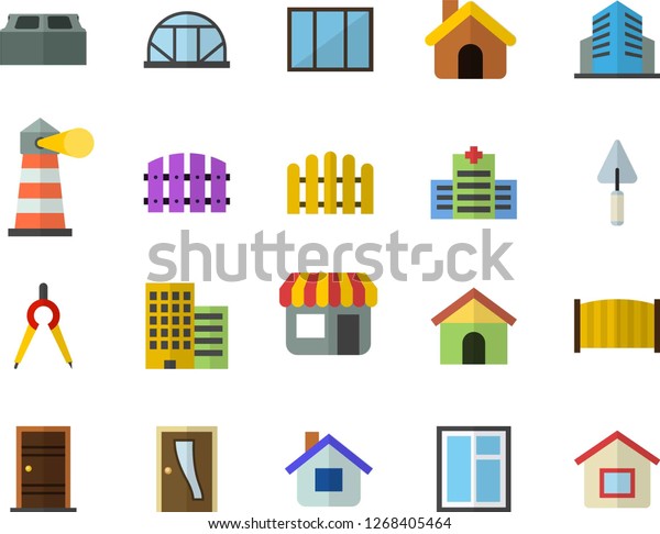 Color flat\
icon set house flat vector, window, trowel, Entrance door,\
skyscraper, brick, fence, greenhouse, dividers, store front,\
lighthouse, office building, hospital\
fector
