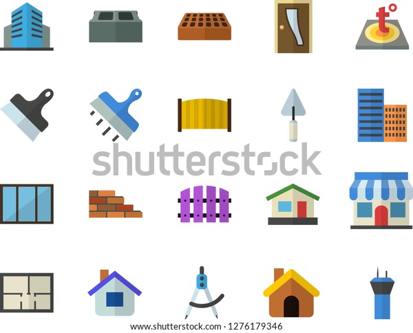 Color flat icon set house flat vector, brick wall,\
window, trowel, layout, Entrance door, skyscraper, putty knife,\
fence, warm floor, dividers, store front, office building, airport\
tower fector