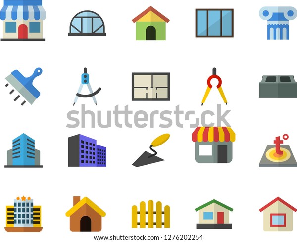 Color flat\
icon set house flat vector, window, trowel, layout, putty knife,\
brick, warm floor, fence, greenhouse, dividers, store front, office\
building, antique column fector,\
hotel