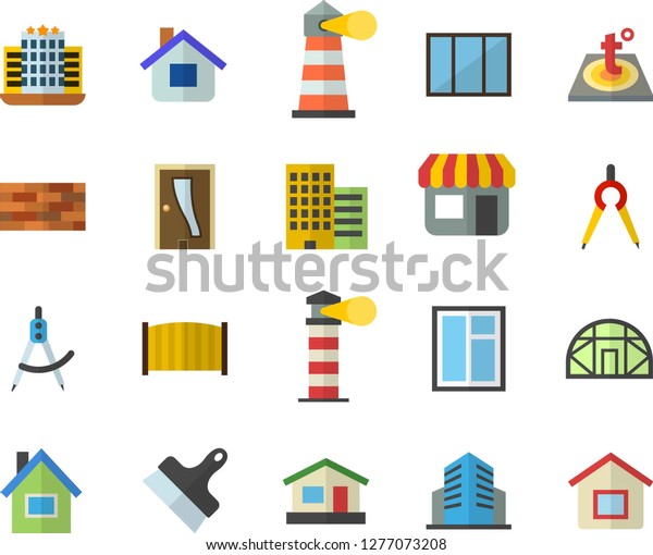 Color flat icon set house flat vector, brick wall,\
window, Entrance door, skyscraper, putty knife, fence, warm floor,\
greenhouse, dividers, store front, lighthouse, office building,\
hotel fector