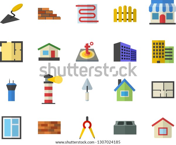 Color\
flat icon set house flat vector, brick wall, window, trowel,\
layout, skyscraper, warm floor, fence, dividers, store front,\
lighthouse, office building, airport tower\
fector