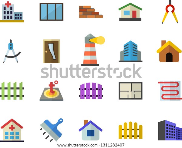 Color flat icon set
house flat vector, brick wall, window, layout, Entrance door, putty
knife, fence, warm floor, dividers, lighthouse, hospital, office
building