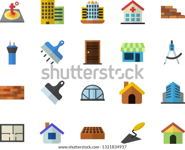 Color flat icon set house flat vector, brick wall,\
trowel, layout, Entrance door, skyscraper, putty knife, warm floor,\
greenhouse, dividers, hospital, office building, airport tower\
fector, hotel