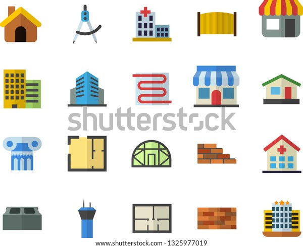 Color flat icon set house flat vector, brick wall,
layout, skyscraper, fence, warm floor, greenhouse, dividers, store
front, hospital, office building, antique column fector, airport
tower, hotel