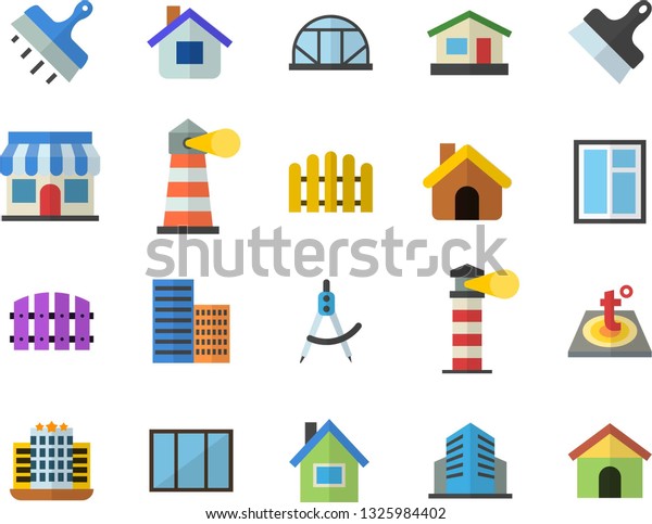 Color flat icon set house\
flat vector, window, skyscraper, putty knife, warm floor, fence,\
greenhouse, dividers, store front, lighthouse, office building,\
hotel fector