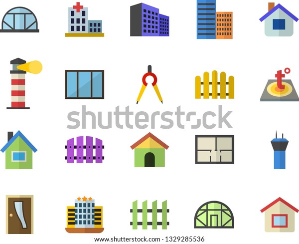 Color flat icon set house flat vector, window,\
layout, Entrance door, skyscraper, fence, warm floor, greenhouse,\
dividers, lighthouse, hospital, office building, airport tower\
fector, hotel