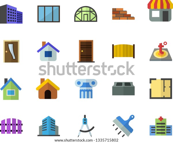 Color flat icon set house flat vector, brick\
wall, window, layout, Entrance door, putty knife, fence, warm\
floor, greenhouse, dividers, store front, office building, antique\
column fector, hospital