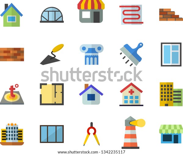 Color flat icon set house flat vector, brick wall,\
window, trowel, layout, skyscraper, putty knife, warm floor,\
greenhouse, dividers, store front, lighthouse, hospital, antique\
column fector, hotel