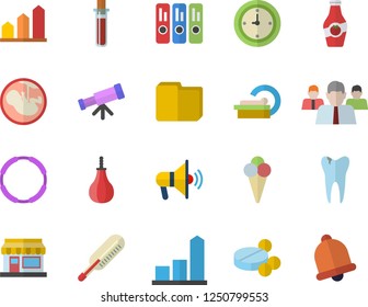 Color flat icon set ice cream flat vector, ketchup, grain warehouse, chart, team, pills, blood test, embryo, tomograph, caries, clock, computer file, folder, telescope, achievement, sports pear