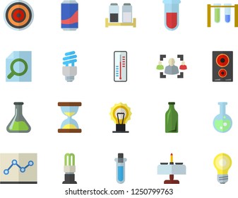 Color flat icon set induction cooker flat vector, spice, lemonade, thermometer, chemistry, energy saving lamp, glass bottles, blood test, recruitment, magnifier, point diagram, flask, fector