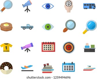 Color flat icon set induction cooker flat vector, donut, pancakes, pickup truck, magnifier, calendar, eye, office worker, telescope, brain fector, sport T shirt, bus, departure, cruise ship, yacht