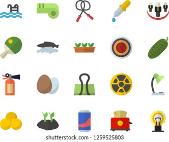 Color flat icon set induction cooker flat vector, toaster, egg, cucumber, fish, lemonade, planting plants, seedlings, radiation, pipette, reading lamp, skipping rope, pills, pool, table tennis