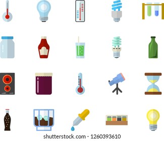 Color flat icon set induction cooker flat vector, spice, temperature, glass jar, ketchup, lemonade, whiskey, soda, jam, thermometer, energy saving lamp, bottles, pipette, bulb, fector, beakers
