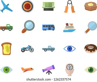 Color flat icon set induction cooker flat vector, donut, sandwich, pancakes, pickup truck, bench, magnifier, eye, telescope, brain fector, carpal expander, aircraft, bus, motorcycle, cruise ship