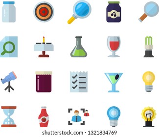 Color flat icon set induction cooker flat vector, glass jar, wine, cocktail, jam, ketchup, chemistry, lamp, energy saving, magnifier, recruitment, to do list, bulb, telescope, romantic dinner fector