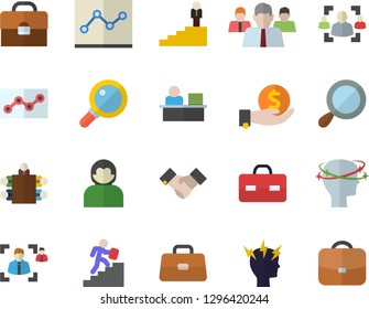Color flat icon set investments flat vector, team, briefcase, headache, recruitment, office worker, point diagram, meeting, agreement, career ladder, magnifier, user
