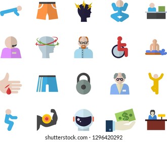 Color flat icon set investments flat vector, disabled, massage, injury, headache, phone operator, office worker, scientist, astronaut helmet fector, weight, muscles, athletic shorts, yoga, squats