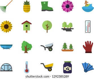 Color flat icon set jam flat vector, pineapple, thermometer, nesting box, tree, flower, rake, garden wheelbarrow, gumboots, gloves, greenhouse, forest, sea beach fector, surfing, flippers