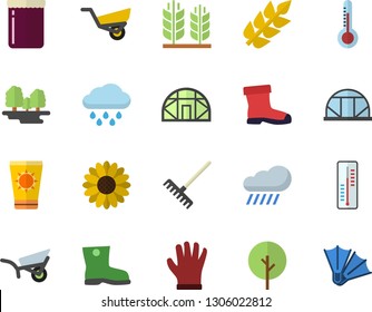 Color flat icon set jam flat vector, thermometer, tree, flower, rake, garden wheelbarrow, gumboots, gloves, rain, greenhouse, forest, ear, sun protection cream fector, flippers