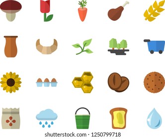 Color flat icon set jugful flat vector, ham, biscuit, croissant, egg, coffee beans, carrot, honeycomb, sandwich, mushroom, seeds, flower, bucketful, tulip, rain, tree leaf, forest, ear, drop