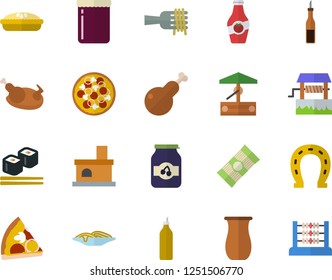 Color flat icon set jugful flat vector, spaghetti, sauce, on a fork, pizza, pie, chicken, fish rolls, jam, mustard, ketchup, well, horseshoe, fireplace, abacus