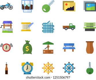 Color flat icon set jugful flat vector, sauce, whiskey, well, pickup truck, bench, fabric manufacture, wealth, hostory roll, motorcycle fector, key, steering wheel, gallery, alarm clock