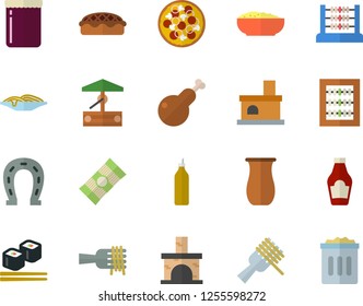 Color flat icon set jugful flat vector, spaghetti, ketchup, on a fork, pizza, porridge, pie, chicken, fish rolls, jam, mustard, well, horseshoe, fireplace, abacus, trash can