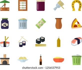 Color flat icon set jugful flat vector, spaghetti, sauce, on a fork, pizza, porridge, fish rolls, sashimi, jam, mustard, well, horseshoe, fireplace, abacus, trash can