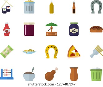 Color flat icon set jugful flat vector, spaghetti, sauce, on a fork, pizza, porridge, pie, chicken, fish rolls, jam, mustard, ketchup, well, horseshoe, abacus, trash can
