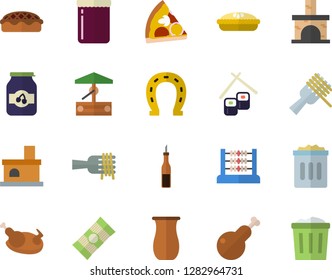 Color flat icon set jugful flat vector, spaghetti, sauce, on a fork, pizza, pie, chicken, fish rolls, jam, well, horseshoe, fireplace, abacus, trash can